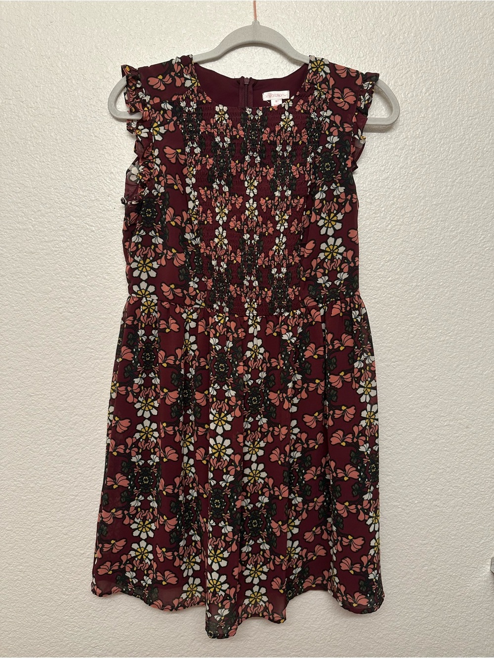 Xhilaration Burgundy Floral Smocked Midi Dress